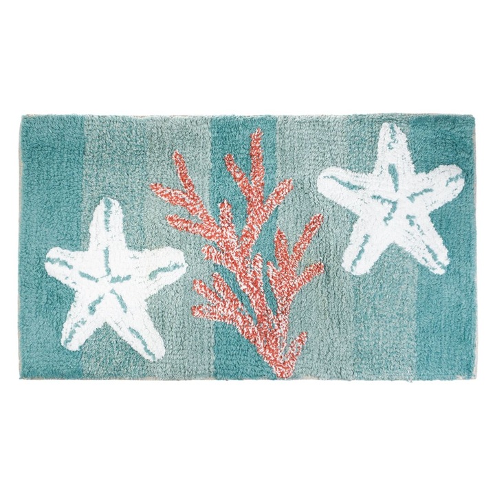Тюркоазена памучна постелка за баня с коралови морски звезди 75x45см