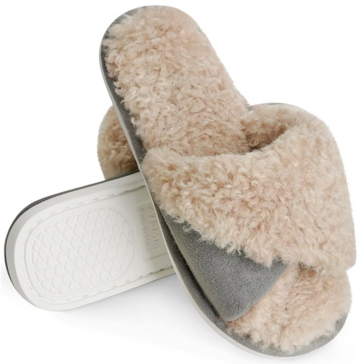 Papuci de plus confortabili cu varful deschis, tip crossover, captuseala calda din fleece, antiderapanti pentru interior si exterior, gri, Gri, 38-39