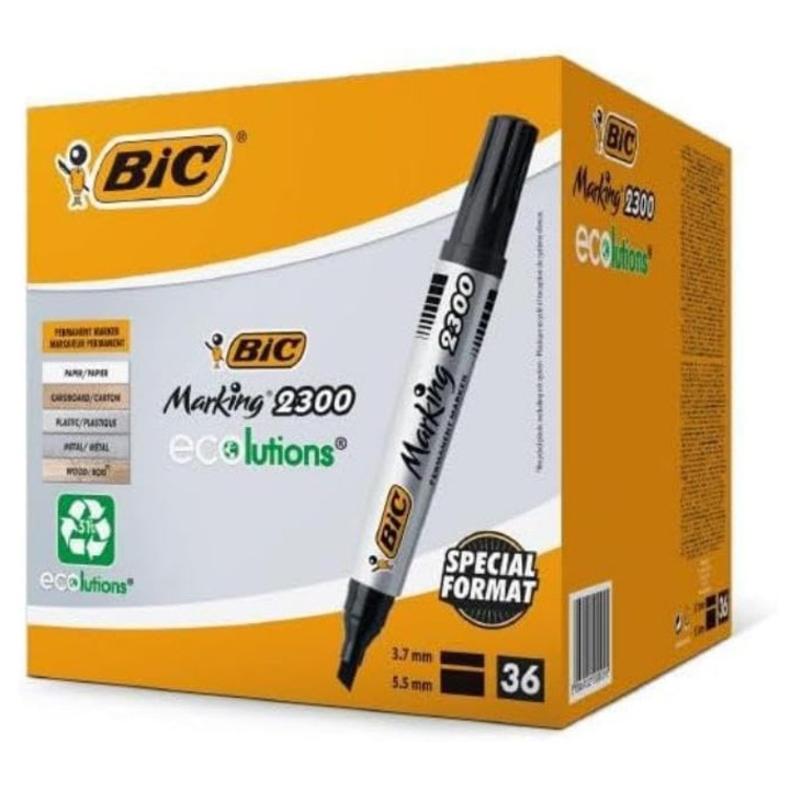 Marker Permanent Bic, Negru, Lat, Set de 36, Multicolor