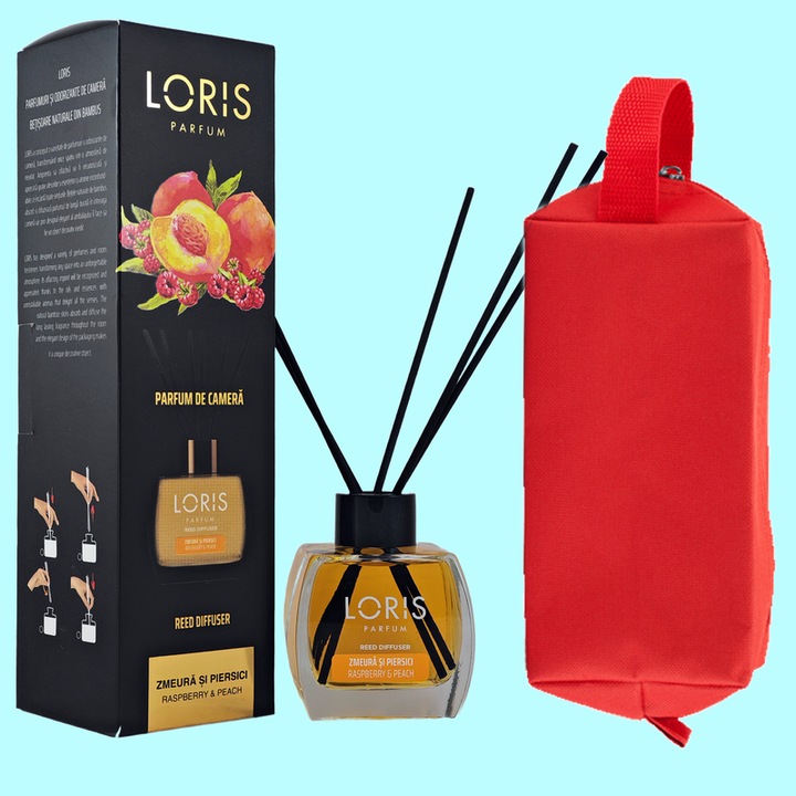 Set parfum odorizat de camera cu betisoare parfumate, miros placut persistent, LORIS PARFUM, esenta ZMEURA SI PIERSICA, 120 ml, cu gentuta cosmetice parfumuri