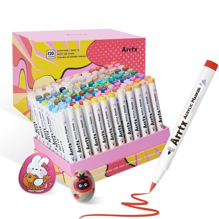 Set 120 Markere Acrilice Arrtx, varf de pensula, multicolor