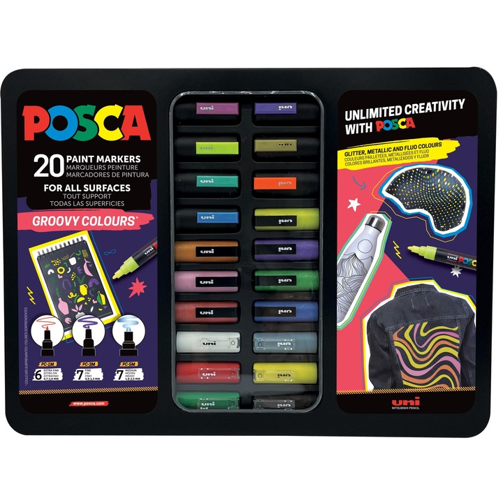 Set Markere Posca, 20 Pixuri Acrilice, Groovy Colours, Varf Lat, Multicolor