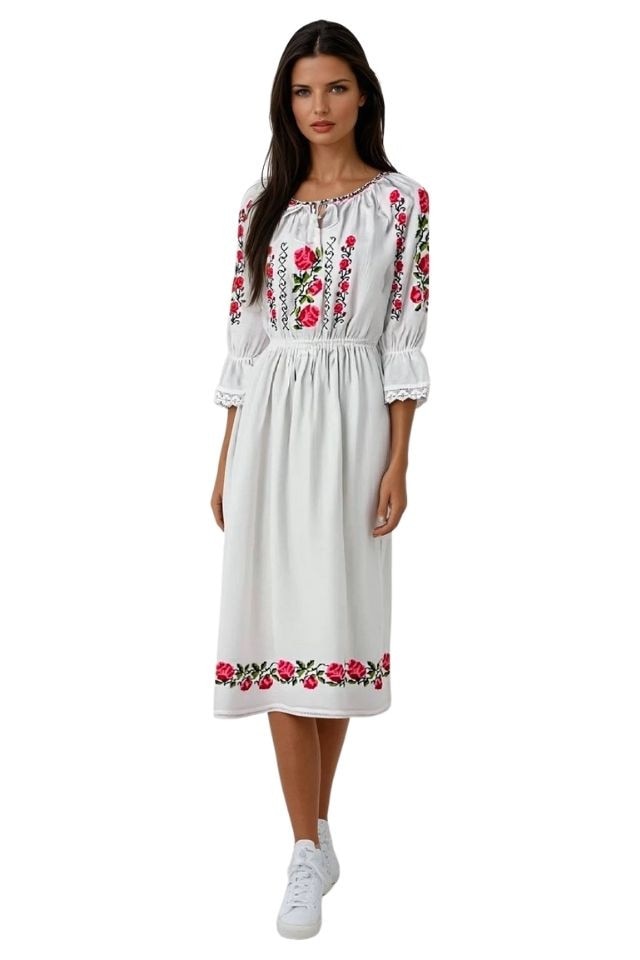 Rochie de zi Numoco, casual, alb/roz, material usor, M INTL - eMAG.ro