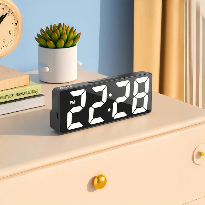 Електронен часовник, Omelivon®, с бели LED диоди, функция за дата, показване на температурата, гласово управление, нощен/дневен режим, с функция за аларма и дрямка, 12/24 часа, 158*59*25 мм, пластмаса, черен