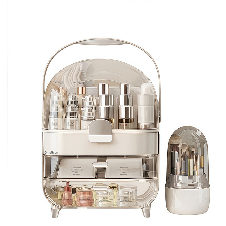 Органайзер за козметика, Omelivon® Органайзер за козметика и бижута със стойка за четки, съхранение с 3 чекмеджета и 1 кошница за четки, прахоустойчив, пластмасов, прозрачен, многофункционален, 265*345*mm, сребристо бял
