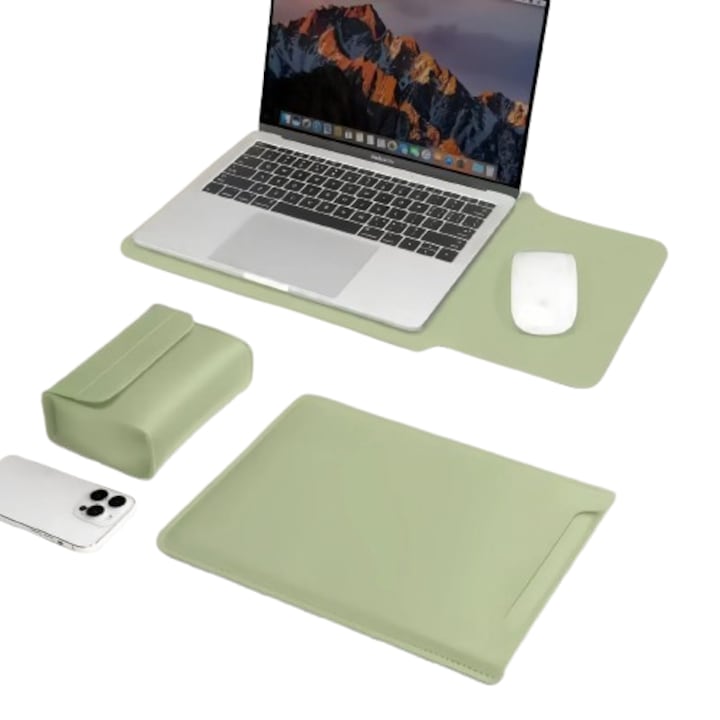 Калъф за лаптоп 14", зелен, с подложка за мишка и джоб за аксесоари, военна защита, за MacBook Air/Pro и други 13-14 инчови лаптопи