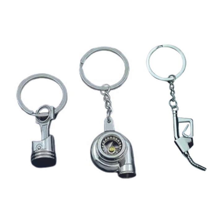 Set 3 brelocuri auto, accesorii, argintiu, piston, turbina, pompa de benzina