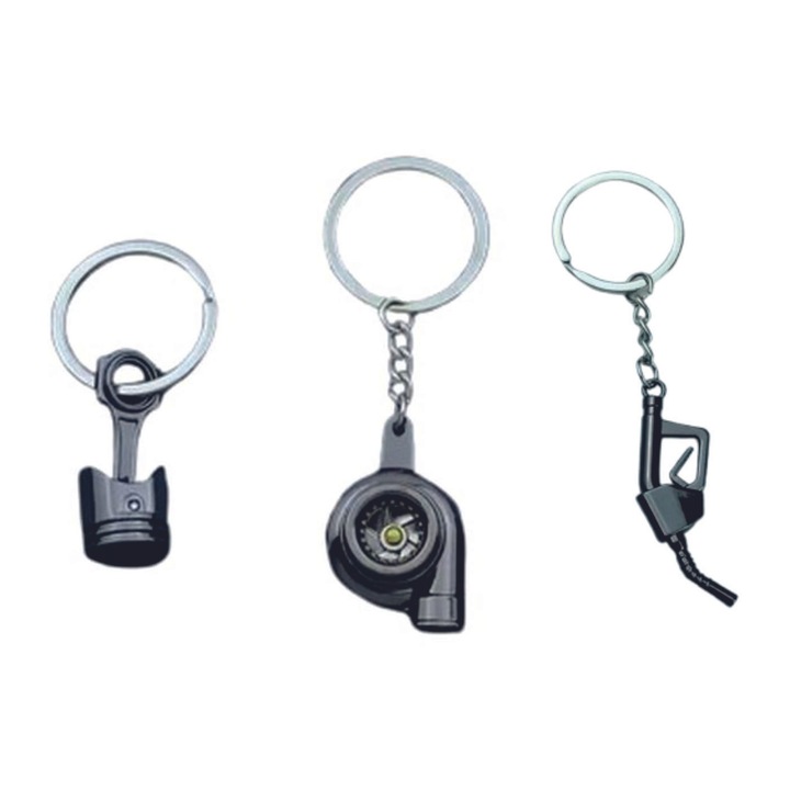 Set 3 brelocuri auto, accesorii, negru, piston, turbina, pompa de benzina