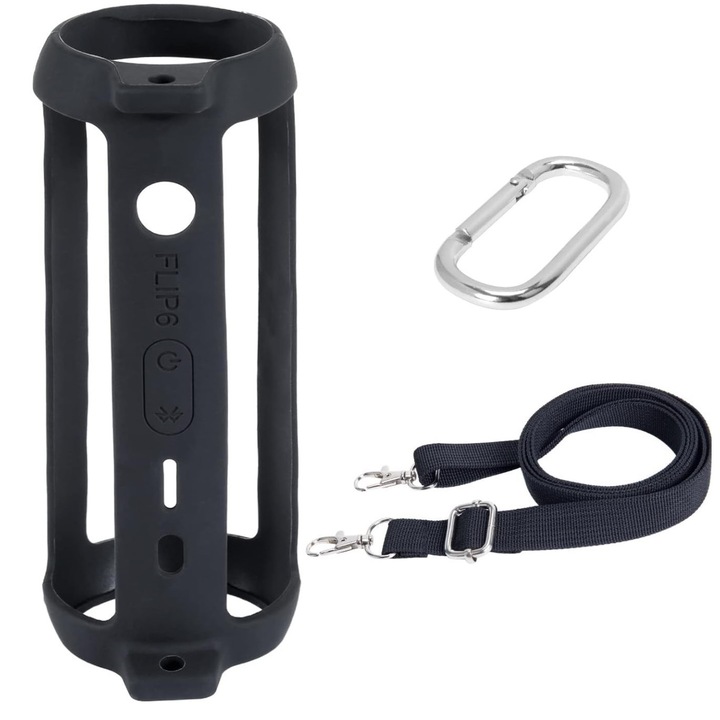 Szilikon védőtok JBL Flip 3/4/5/6-hoz, fekete, vállpánttal