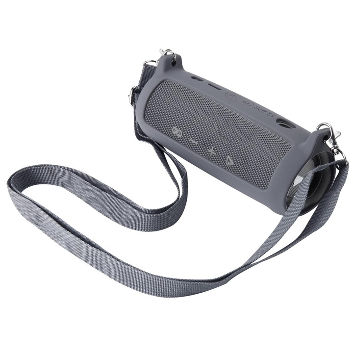 Védőtok, szürke, JBL Flip 3/4/5/6 hangszórókhoz, szilikon anyagból, vállpánttal