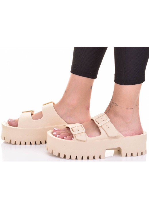 Slapi cu platforma Martinus, piele ecologica, usori, bej, material sintetic, 40 EU