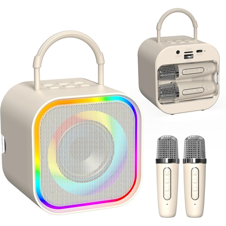 Boxa Portabila Karaoke, Mini cu 2 Microfoane Wireless, sktonefly®, Efecte Vocale Amuzante, Lumini LED Dinamice, Timp de Redare 8-10 Ore, Pentru Copii