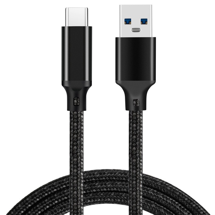 Cablu USB 3.2, transfer date 10Gbps, incarcare 60W, compatibil cu iPhone 16, Samsung, Huawei, 1m, negru, material impletit