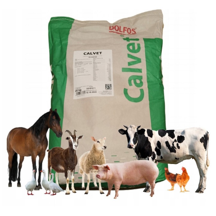 Vitamine Pentru Animale De Ferma, Dolfos, Calvet, Sprijina Dezvoltarea, Imunitatea Si Productivitatea, Ideal Pentru Vite, Porci, Cai, Capre, Oi, Pasari Si Iepuri, Amestec Furajer Cu Aminoacizi, 20 kg