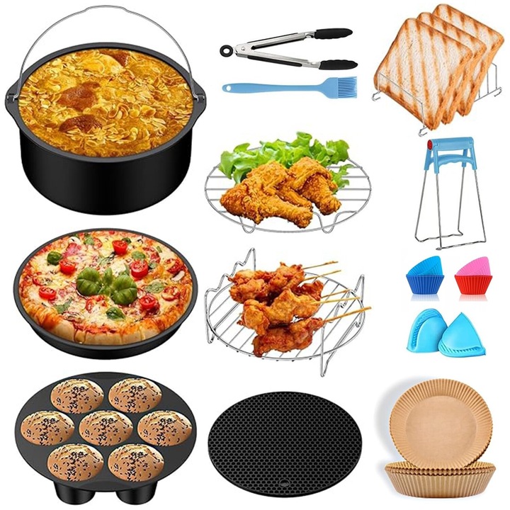 Комплект от 13 аксесоара за фритюрници с горещ въздух, с форми за торта, тава за пица, скари, форми за мъфини, многоцветен