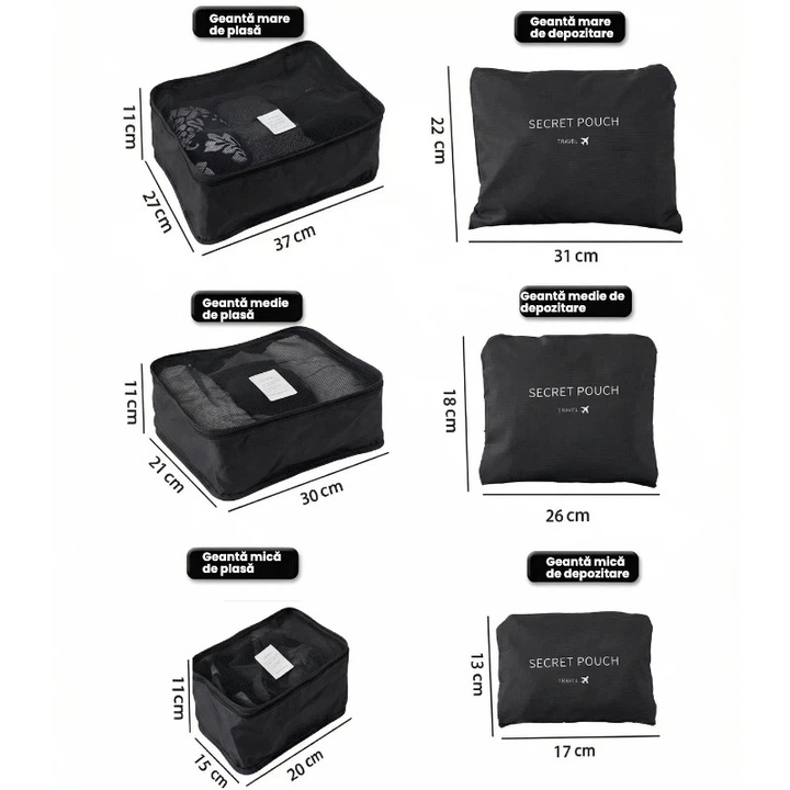 Set 6 huse organizare bagaj, pentru voiaj, accesorii valiza/troler, Sistem compresie/extensie cu fermoar, Impermeabile, Portabil si pliabil, Ideal pentru vacante de familie, Negru albastru inchis