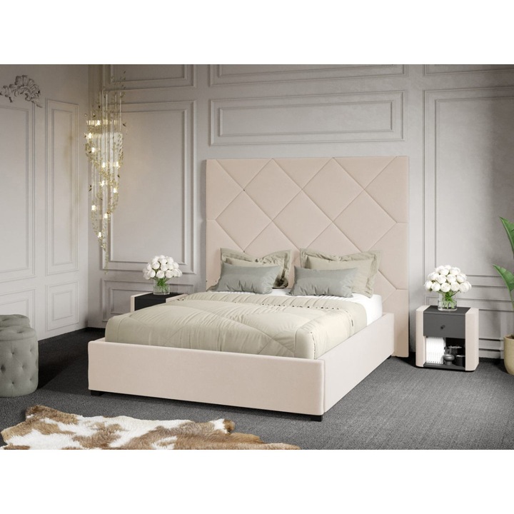 Pat Tapitat cu Panou, 191x170, C2, Dubai cu Somiera Fixa, 180x200, Crem/Velluto 2