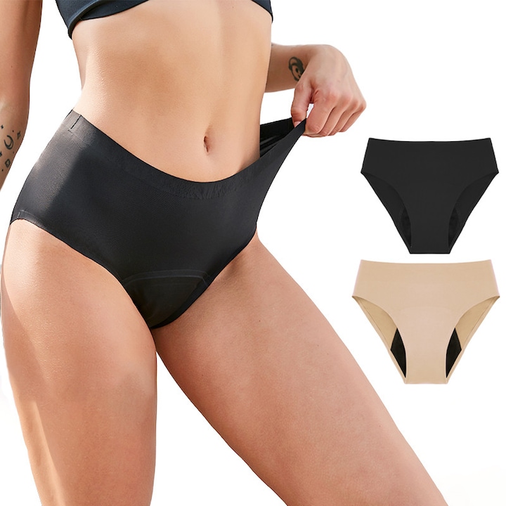 Set 2 perechi chiloti de baie pentru menstruatie, Rqiurpn, absorbant, impermeabil, negru/bej, M