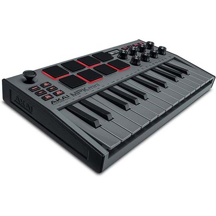 Controler MIDI Akai MPK Mini MK3, 25 clape, 8 pad-uri iluminate, gri