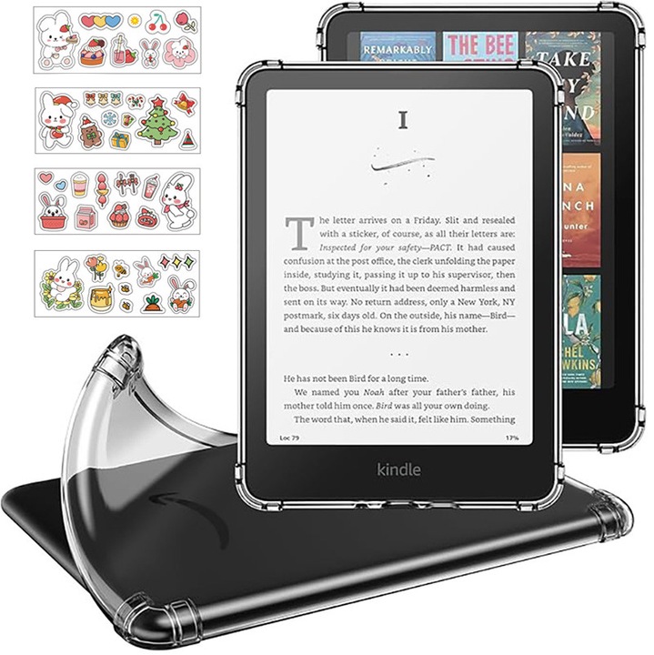 Husa de protectie Kindle Paperwhite 2024, Rqiurpn, ultra-subtire, transparenta, protectie completa, 7 inci, material TPU, cu autocolante dragute