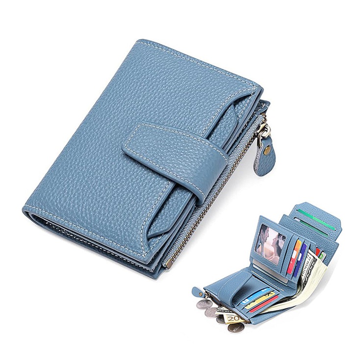 Portofel dama, Rqiurpn, piele naturala, albastru, compact RFID, 13x9x3,5cm