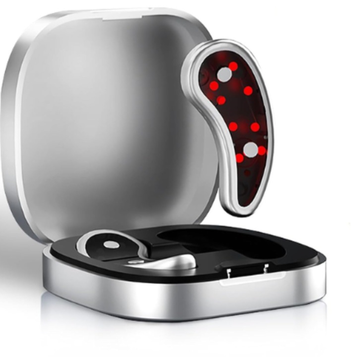 FENIKEST BI 55 szemmasszírozó piros fénnyel és EMS rezgésekkel - csökkenti a sötét karikákat, a puffadtságot és a finom ráncokat, 3 sebességfokozat, automatikus kikapcsolás, újratölthető, uniszex, ezüst