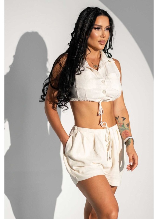 Compleu Pantaloni Scurti+Bustiera Din In BEACH PLEASE, Bej Pastel