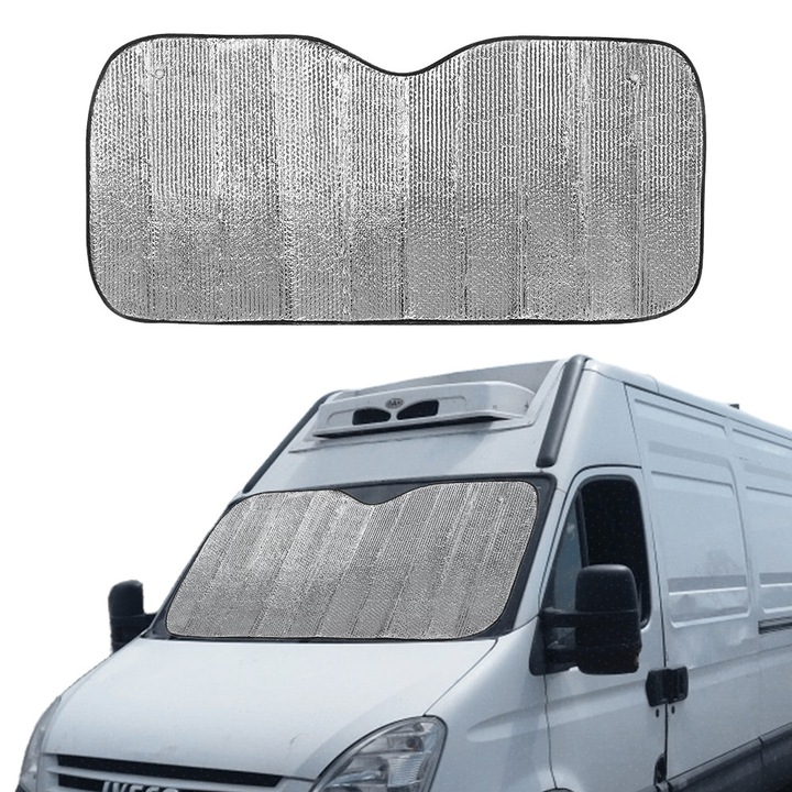 Сенник за товарни автомобили, микробуси, каравани, бусове, ThermoGuard Reflect Pro, алуминиев слой, UV защита, защита на таблото и волана, висококачествен EPE пяна, 145x70 см, сгъваем и лесен за съхранение, идеален за силно слънце, сребрист