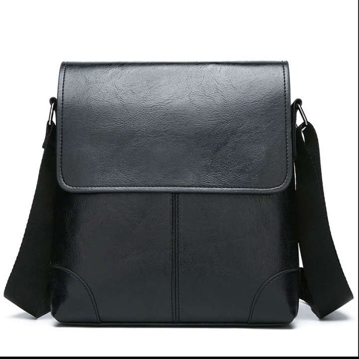 Férfi bőr válltáska, Omelivon, 25x23cm, Állítható pántok, Fekete
