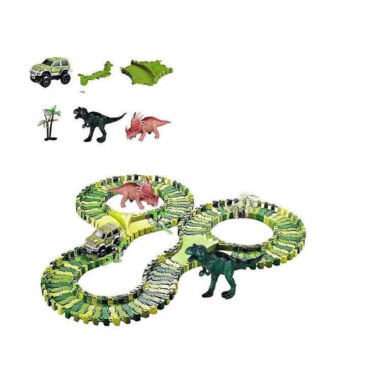 Whimsiqa interaktív játék gyerekeknek, dinoszaurusz autós játék, összeszerelhető hullámvasút, pálya-kirakóval együtt, két dinoszaurusz játék, egy játékautó