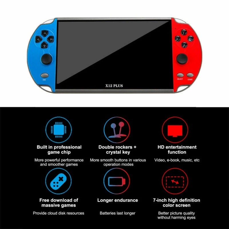 Consola portabila gaming dual rocker gameplayer, Bedee®, X12-plus, 16 GB, Peste 2700 de jocuri instalate, Sprijina doi jucatori, Iesire video TV-OUT, 7.1Inch ecran mare HD, Albastru/Rosu