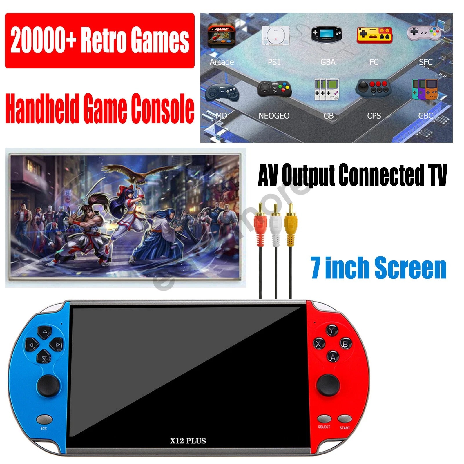 Consola portabila gaming dual rocker gameplayer, Bedee®, X12-plus, 16 GB, Peste 2700 de jocuri instalate, Sprijina doi jucatori, Iesire video TV-OUT, 7.1Inch ecran mare HD, Albastru/Rosu