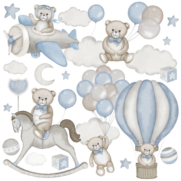 Muralo Matricák Gyerekszobába 60cm x 30cm Mackók Lufik Felhők Hintaló Készlet