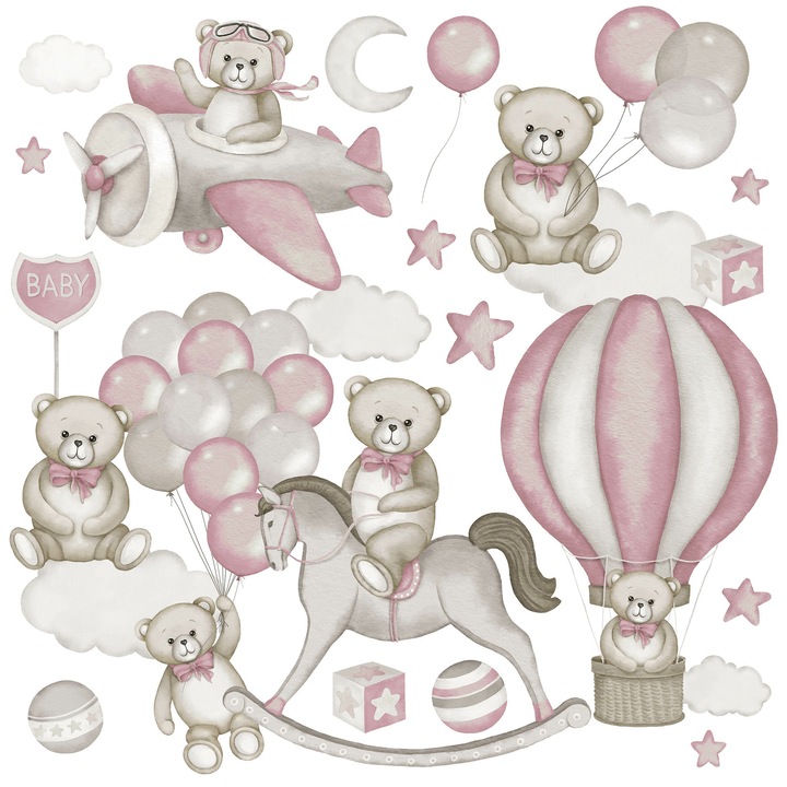 Muralo Matricák Mackók Rózsaszínű 120cm x 60cm Lufik Hintaló Felhők Készlet