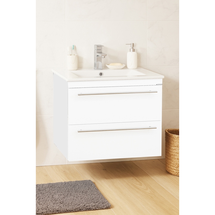 Set mobilier baie cu lavoar, BADENMOB, seria 054, Alb lucios, 60x52x46cm, suspendat cu sertare