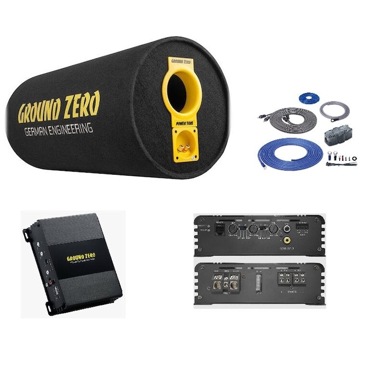 Pachet subwoofer auto tip tub GROUND ZERO GZ 1300PT + GZIA 100.2 + RIK8