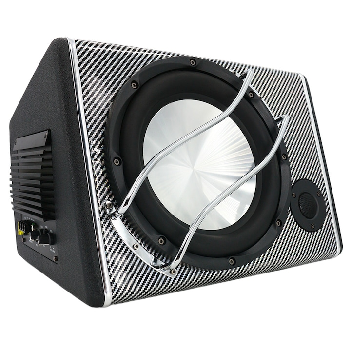 Subwoofer Auto Activ 200W RMS / 3800W Peak MaxTech® Bass Puternic si Reglabil, Difuzor Protejat, Amplificator Integrat, Kit Cablu Inclus, Montaj Portbagaj, 4 Ohm, 50Hz–250Hz, Carcasa Carbon