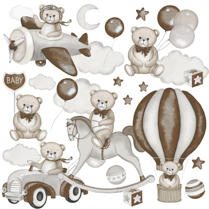 Muralo Matricák Gyerekszobába Mackók 60cm x 30cm Csillagok Lufik Hintaló Készlet