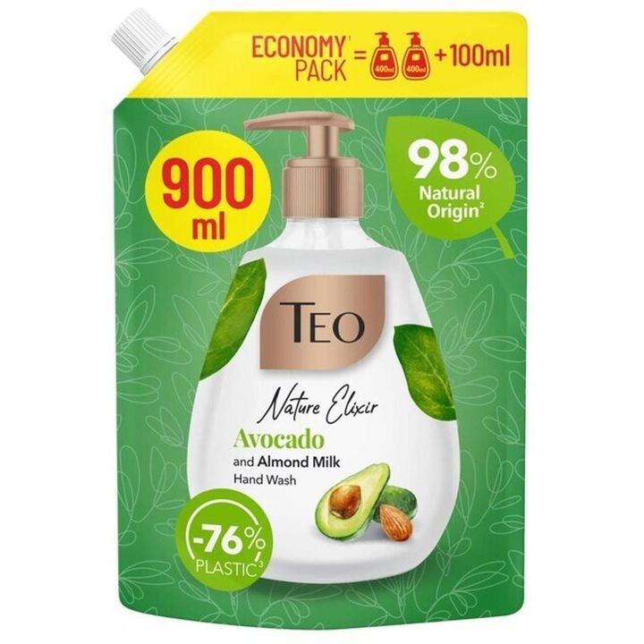 Set 4 x Rezerva Sapun Lichid Avocado si Lapte de Migdale, Teo Nature Elixir, 900 ml