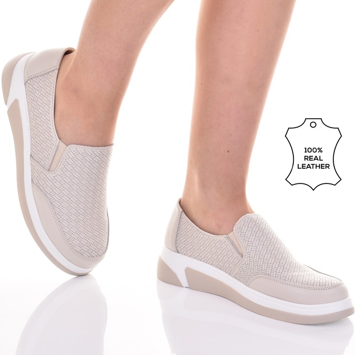 Mocasini dama Martinus, piele naturala, bej, confortabili, slip-on