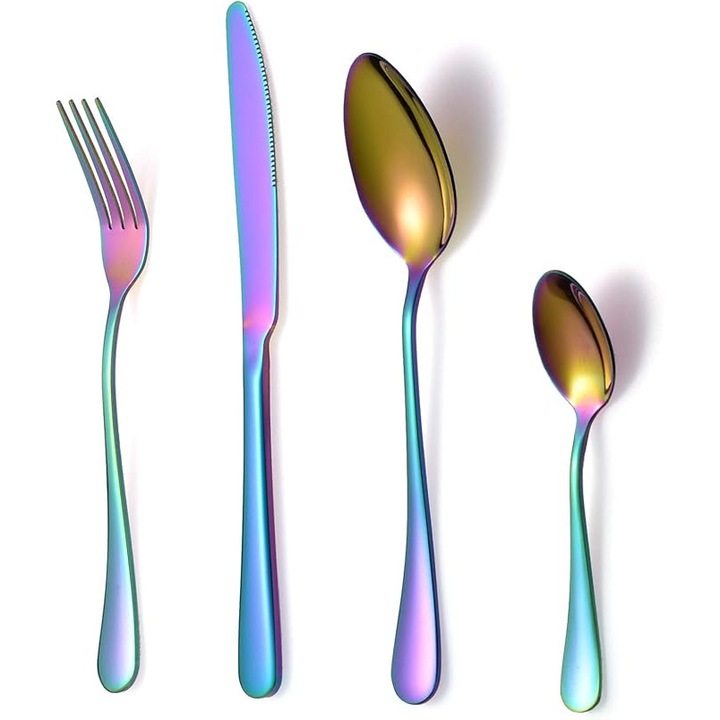 Комплект прибори за хранене Rainbow от 16 части, класически комплекти прибори за хранене от неръждаема стомана с ножове, вилици, лъжици и чаени лъжички, за 4 души, огледално полирани, подходящи за съдомиялна машина (многоцветни)