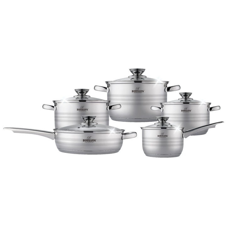 BOHMANN BH-1510 MRB, Set de vase din otel inoxidabil, 8 piese: Ø 16cm / 1, 6L, Ø 18cm / 2, 9L, Ø 20cm / 3, 9L, Ø 22cm /4, 9L+ Ø 24cm / 3, 4L