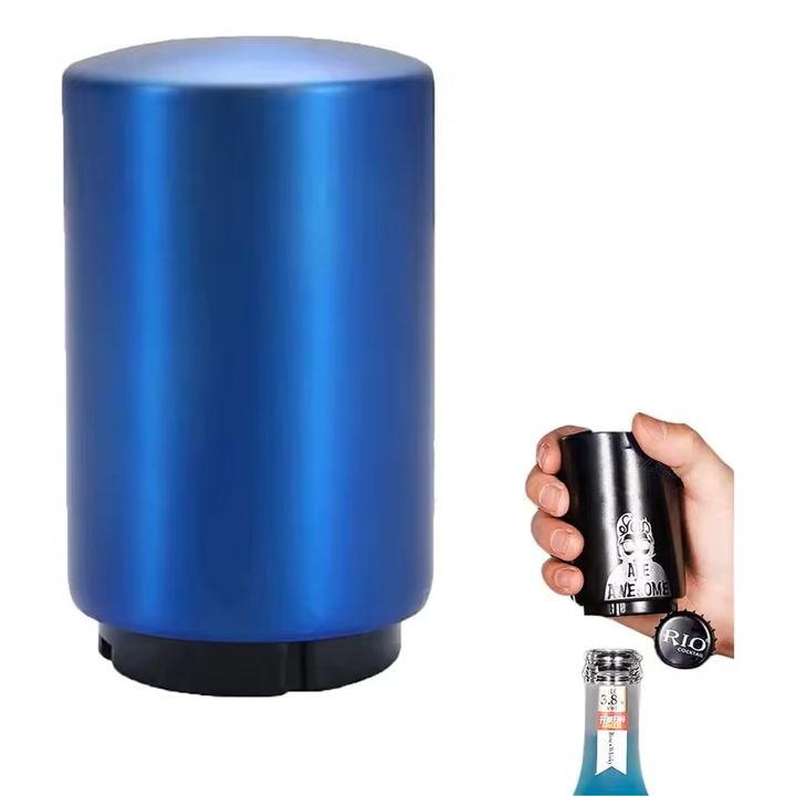 Отварачка за бутилки за бира и сок от неръждаема стомана с магнит и система за натискане, преносима, модерен цилиндричен дизайн, бърза отварачка за дома и бара, синя