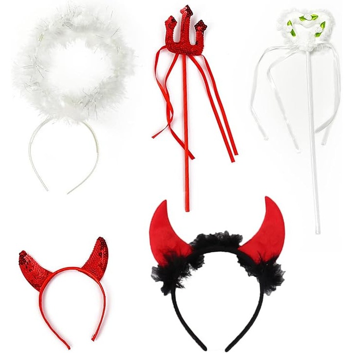 Set dracusor si inger, Costum Halloween Carnaval, Pentru adulti/copii, 5 piese, 2 Coronite Coarne de dracusor si trident, 1 Coronita Ingeras si bagheta, Negru/Rosu si Alb
