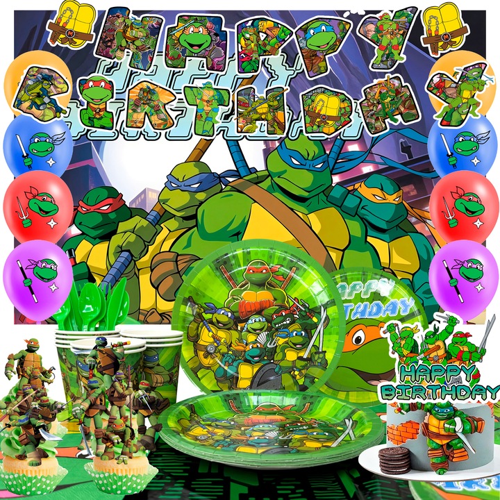 Set 98pcs Accesorii Petrecere Testoasele Ninja, InBoxxarty, Decoratiuni Tort, Farfurii, Pahare, Multicolor
