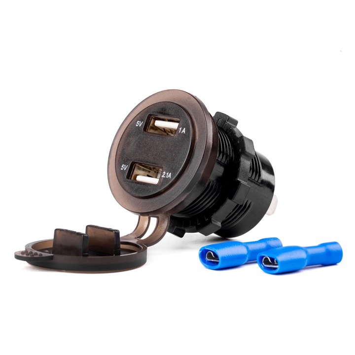 Vízálló autós töltő 2xUSB-vel és digitális voltmérővel, AMIO, 12-24V, piros világítás