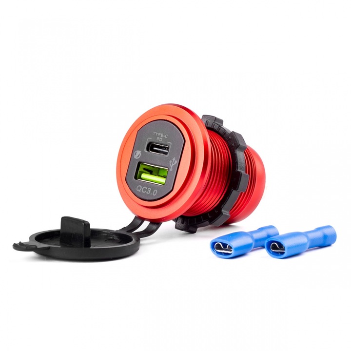 Vízálló gyorstöltő USB és USB-C portokkal, AMIO, 12V-24V, alumínium, piros világítás