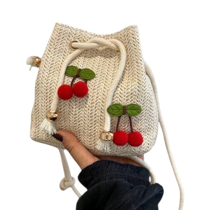 Geantă dama, bej, cu cireșe, poliester