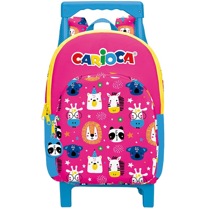 Troler Carioca Animal Pink, 40x28x17 cm, 20 litri, fermoare duble, maner telescopic