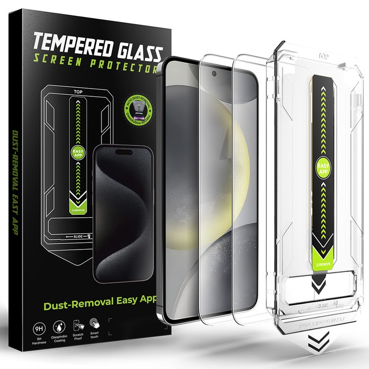 2 db-os üvegfólia csomag, Samsung Galaxy S25 / Galaxy S24 készülékhez, Daden TitanGlass, Egyszerű és gyors telepítőkészlet automatikus illesztékkel, Professzionális védelem, Ultra ellenálló, Átlátszó